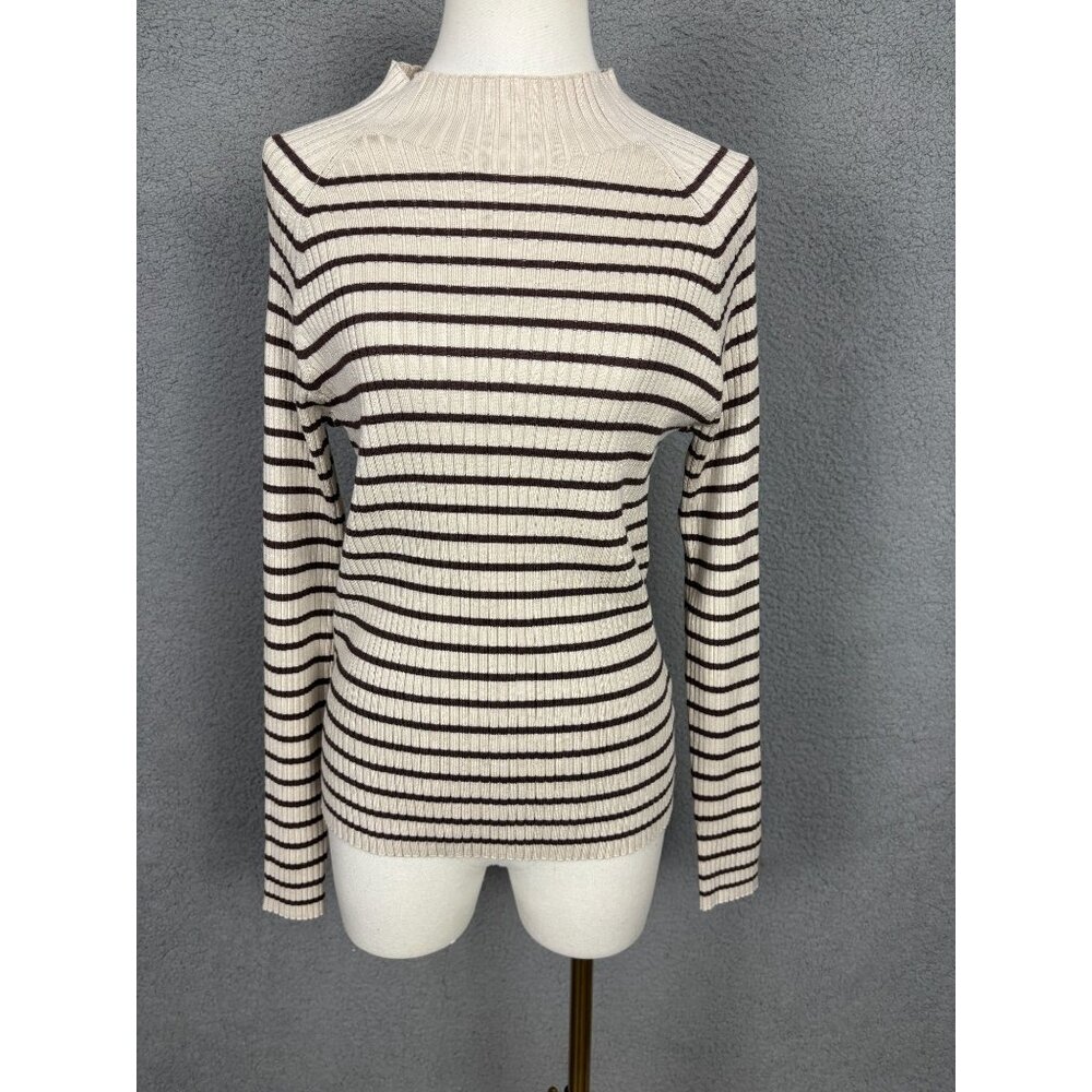 Hooked up by Iot Juniors' Fine Gauge Mock-Neck Striped Sweater Brown Large NWT's